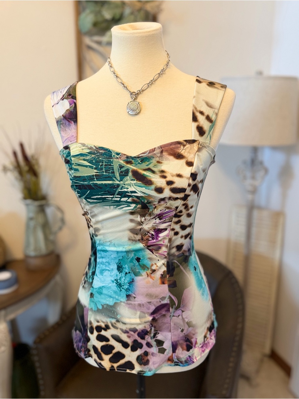 Floral & Animal Print Sweetheart Neck Top Elana Kattan